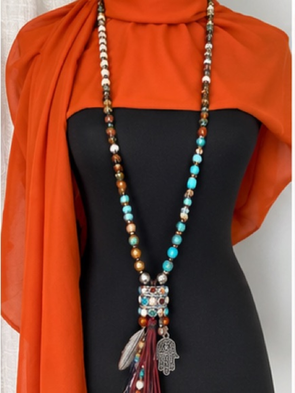 Bohemian Turquoise & Brown Beaded Tassel Necklace